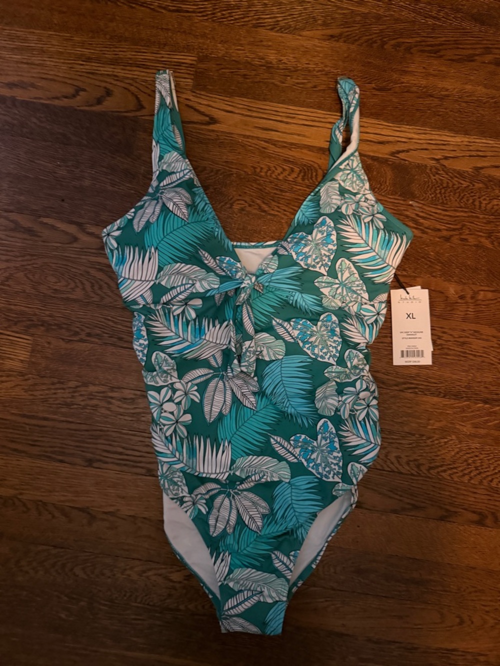 Nicole Miller Teal Tropical Leaf One-Piece Swimsuit with Front Tie